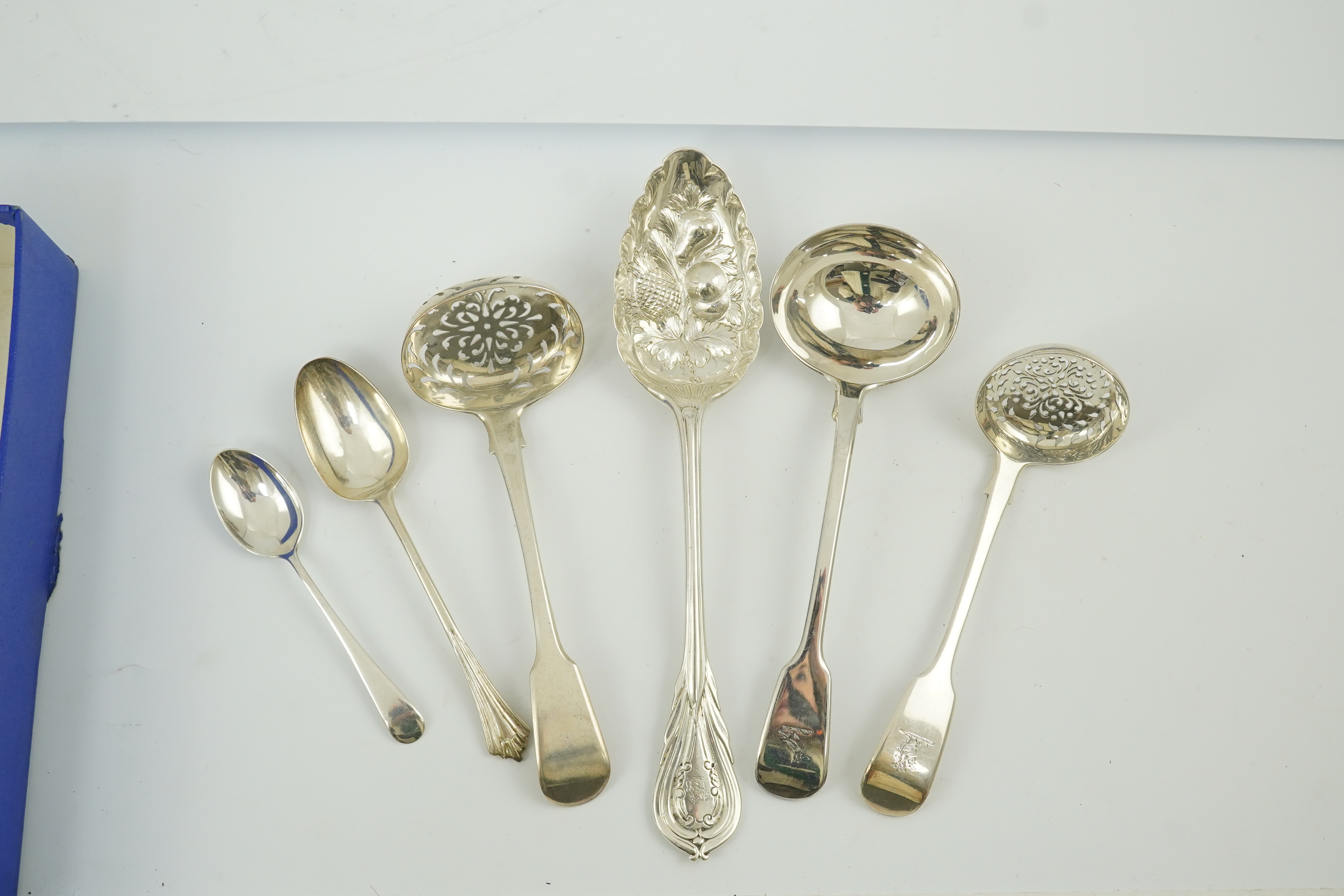 Five Victorian silver 'berry spoons, John Gamage?, Birmingham, 1856, together with eight other silver spoons including two sifter spoons and a sauce ladle